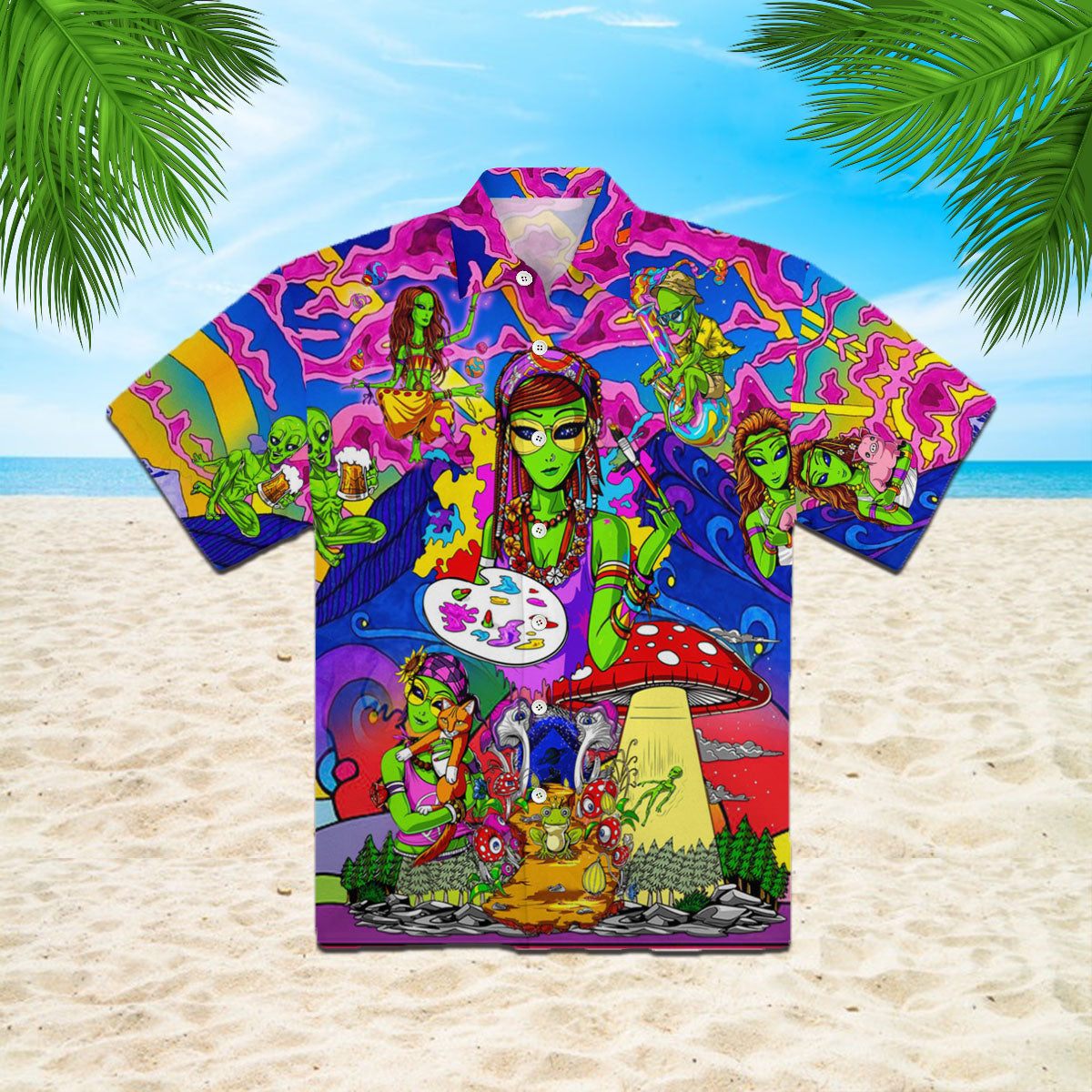 Alien In The World Of Mushrooms Hippie Hawaiian Shirt – For Men And Women