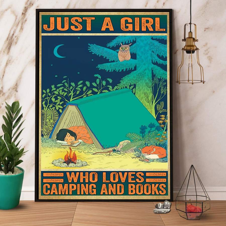 A girl who loves camping and books paper poster no frame/ wrapped canvas wall decor full size