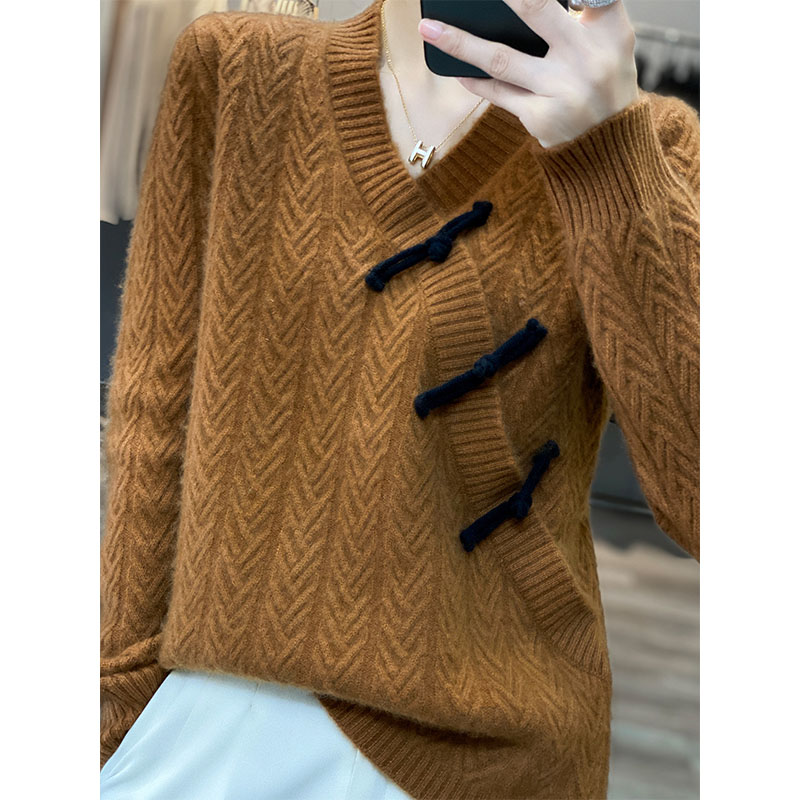 2022 Autumn/Winter New Chinese Style Retro V-neck Twisted Wool Knitted Jacket Long Sleeve Pullover Commuter Thread Sweater alx