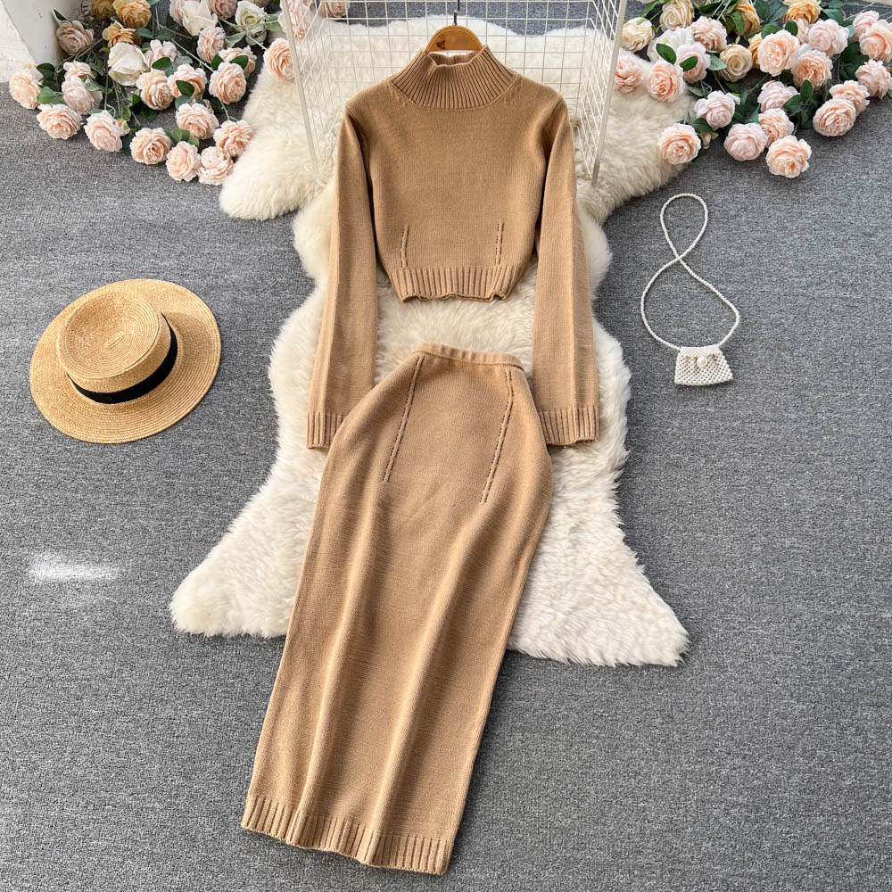 Autumn and Winter New Casual High-collar Short Sweater + Long Paragraph Package Hip Half-body Skirt Two-piece Set alx