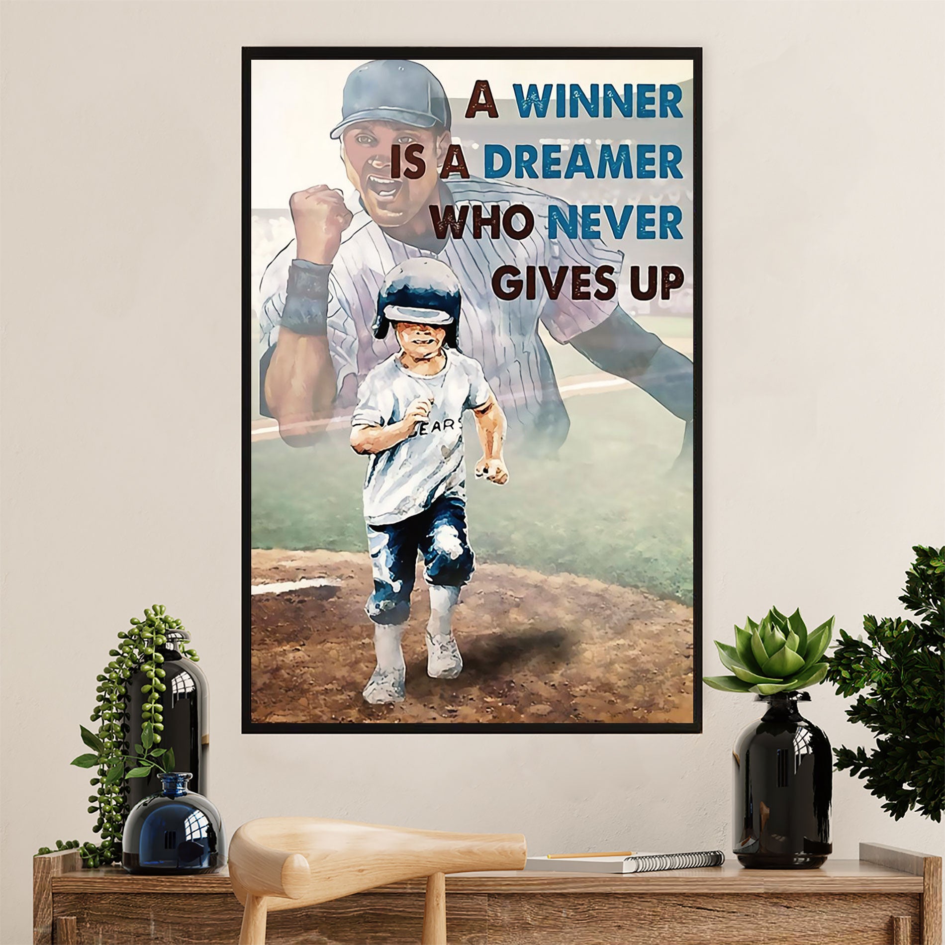 Baseball Poster Prints Wall Art | Winner Never Gives Up | Home Décor Gift For Baseball Player