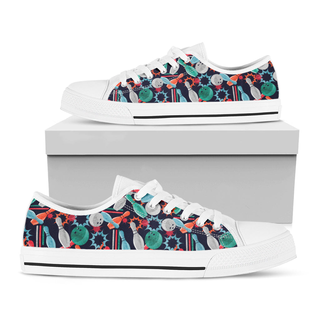 Watercolor Bowling Theme Pattern Print White Low Top Shoes