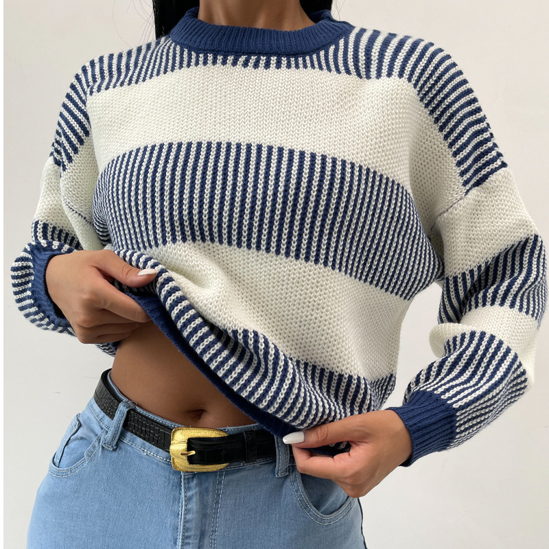 Women’s Sweatshirts Contrast Color Knitted Sweater Round Neck Long Sleeve Pullover Autumn Winter Casual Fashion Tops Streetwear alx