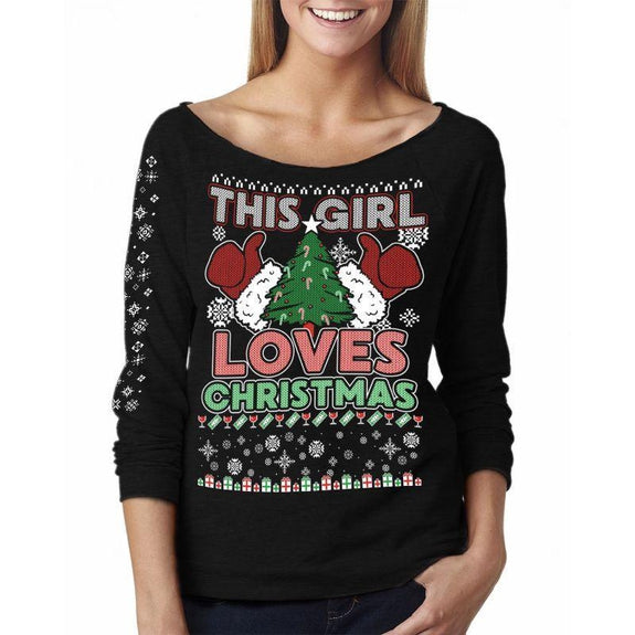 Women’s Awesome Ugly Christmas Sweater French Terry Off-Shoulder 3/4 Top