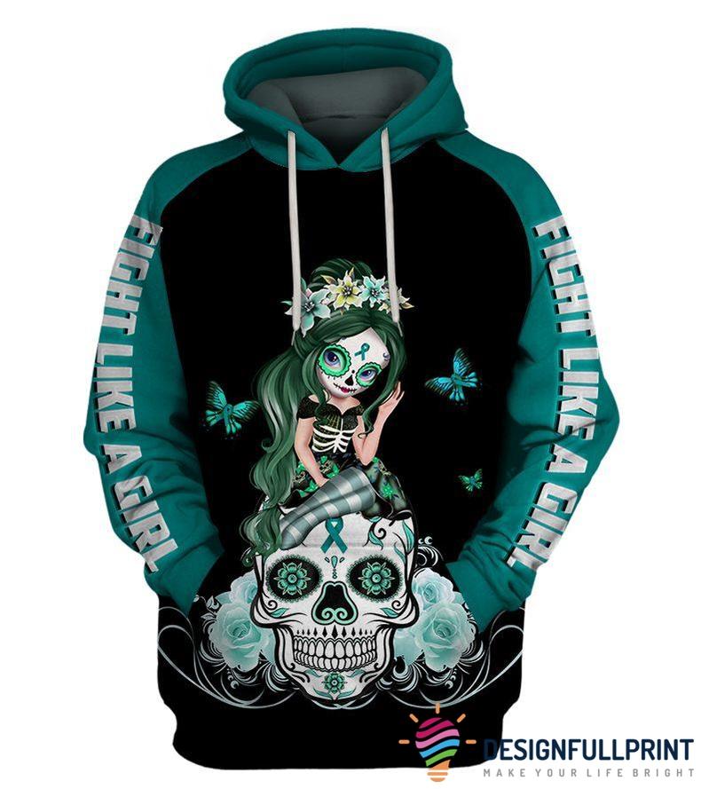 Skull Gift Teal Ovariant Cancer Sugar Skull Girl Awareness Hoodie