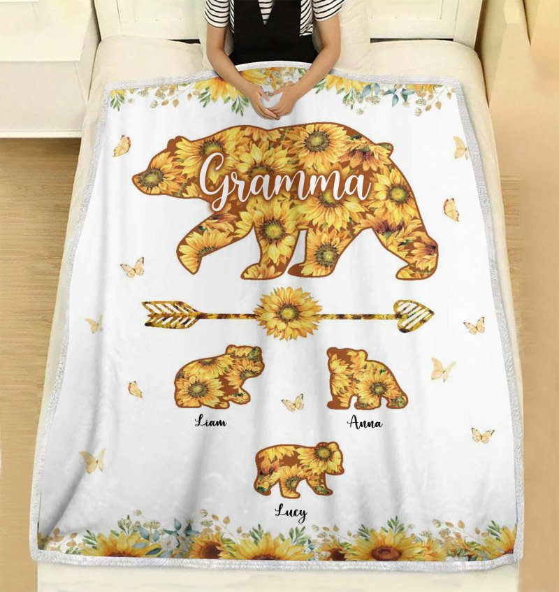 Grandma Bear Sunflower Personalized Blanket, Best Gift For Grandma