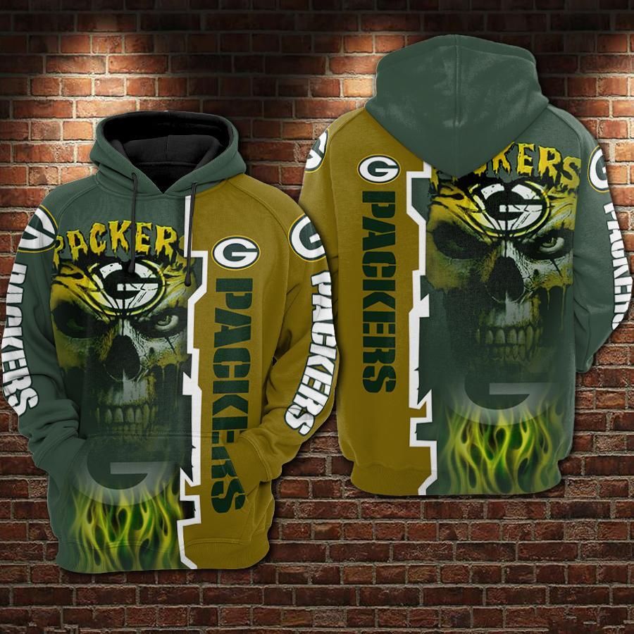 98HD075-Green Bay Packers Neon Green Packer Tribal Skull 3D Hoodie