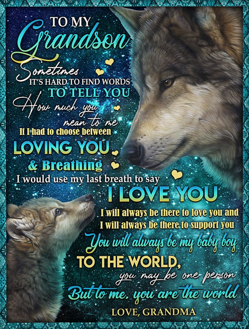 To My Grandson Fleece Blanket, Personalized Birthday Gift For Grandson From Grandma Blanket, Sometimes It’S Hard To Find Words To Tell You Wolf Blanket