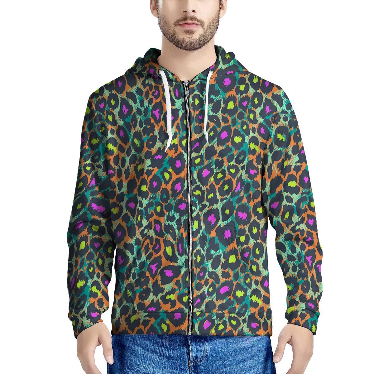 Colorful Neon Leopard Men’S Zip Up Hoodie