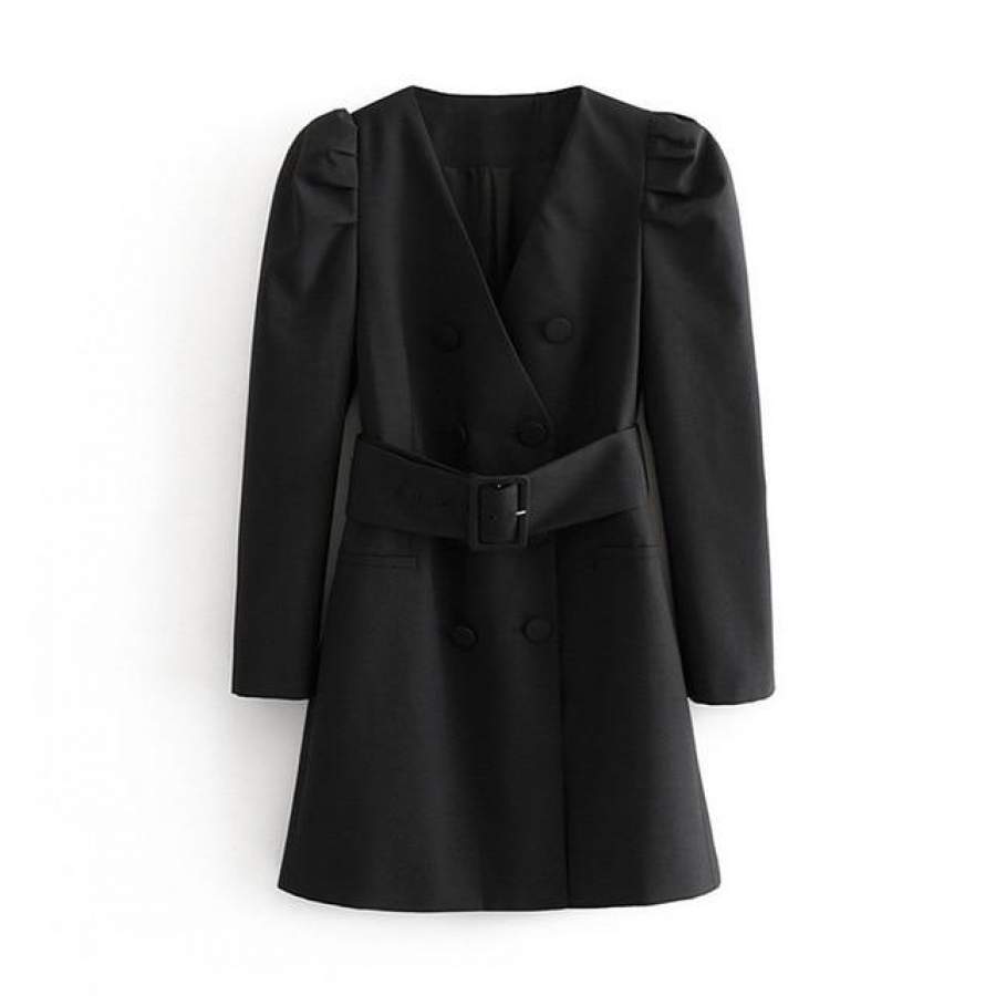 Mia Dove Women Fashion Puff Long Sleeve Black Mini Dress Autumn V Neck