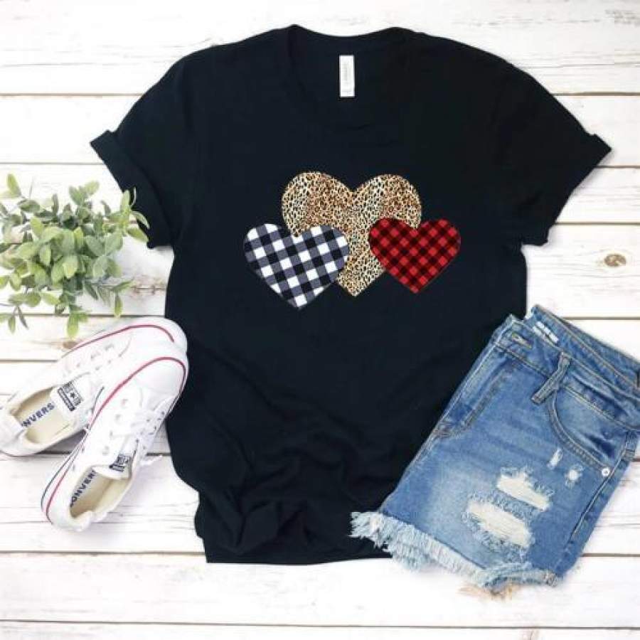 Valentine Leopard Plaid Splicing Heart T-shirt Women Casual Short Sleeve Tops