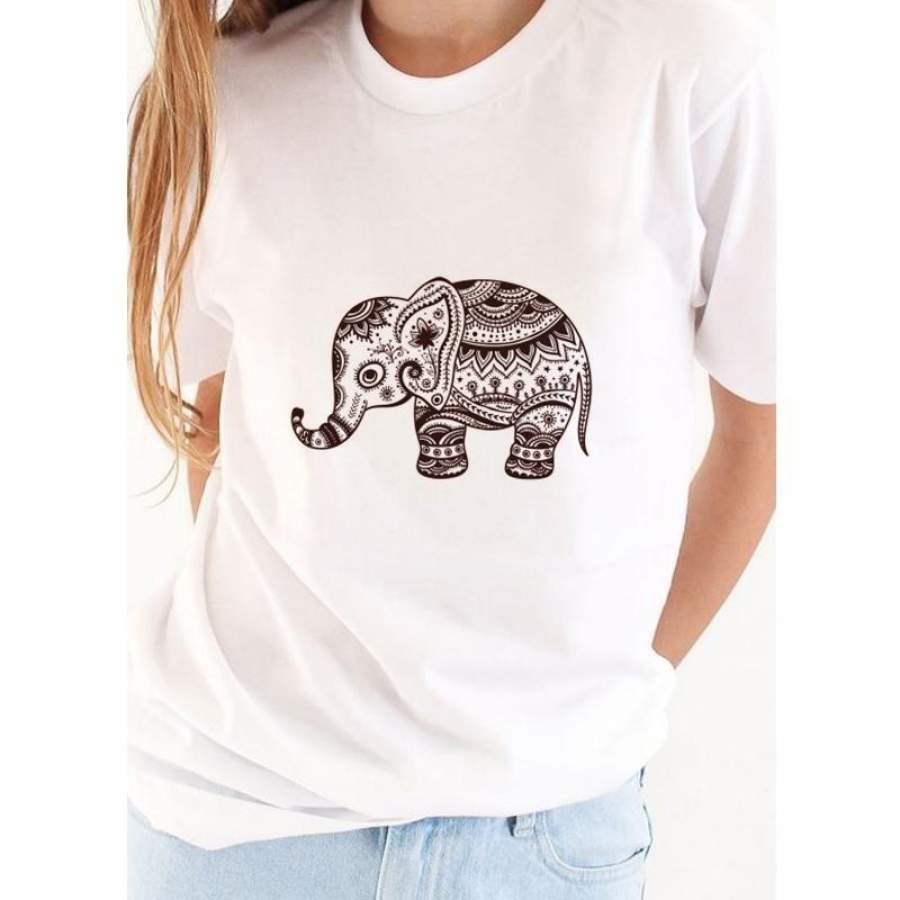 Women Fashion  India Mandala Elephant Graphic Tee Girl Short Sleeves T-Shirt O-Neck Tops