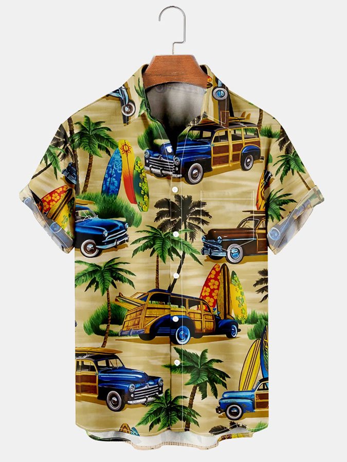 Mens Retro Cars Coconut Tree Print Lapel Short Sleeve Funky Hawaii Shirts Ha108067