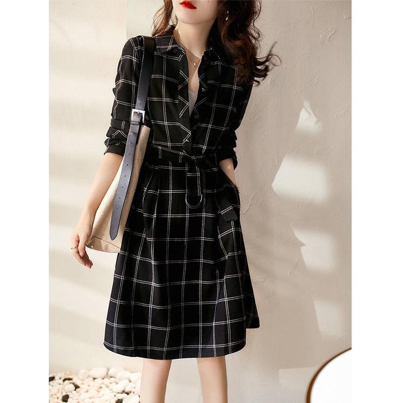 Spring Autumn Elegant Fashion Vintage Plaid Patchwork Print Waist A-line Dresses Ladies Long Sleeve Belt Temperament Midi Dress alx