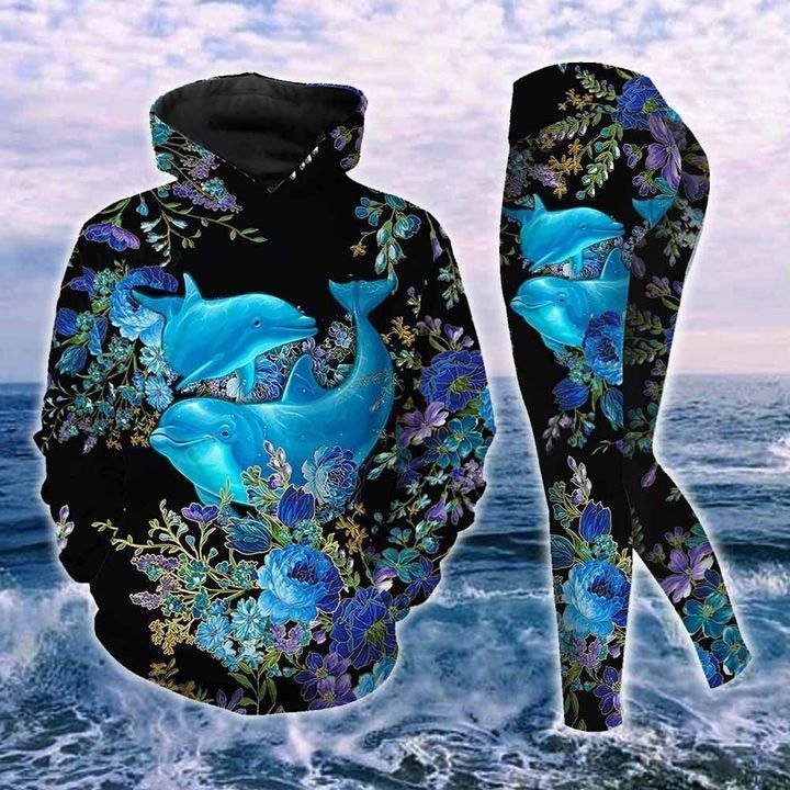 Dolphin Blue Flower 3D Printed Sublimation Leggings Hoodie Set Hooded Sweatshirt Comfy Yoga Pants Tummy Control PTC120104