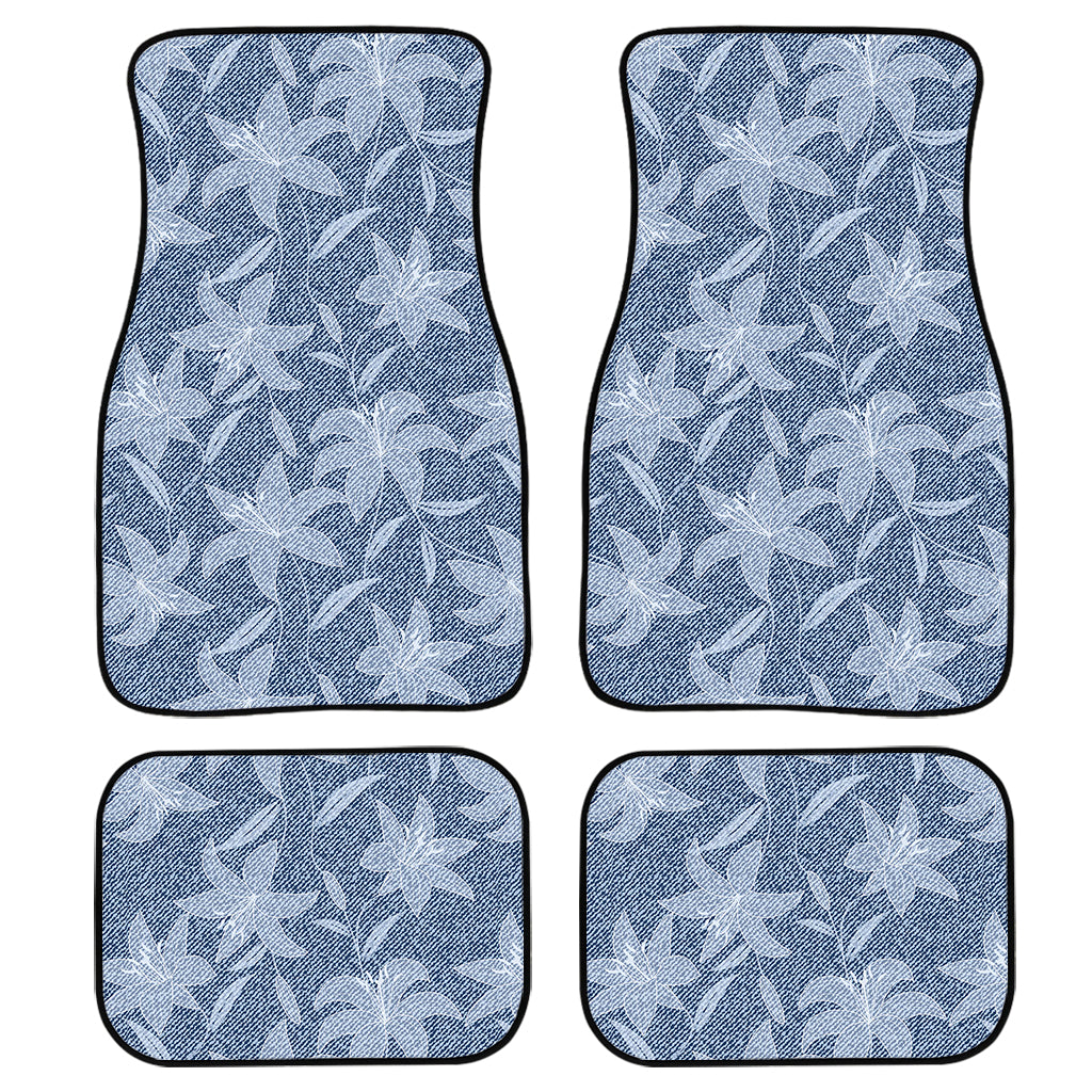 Floral Denim Jeans Pattern Print Front And Back Car Floor Mats, Front Car Mat