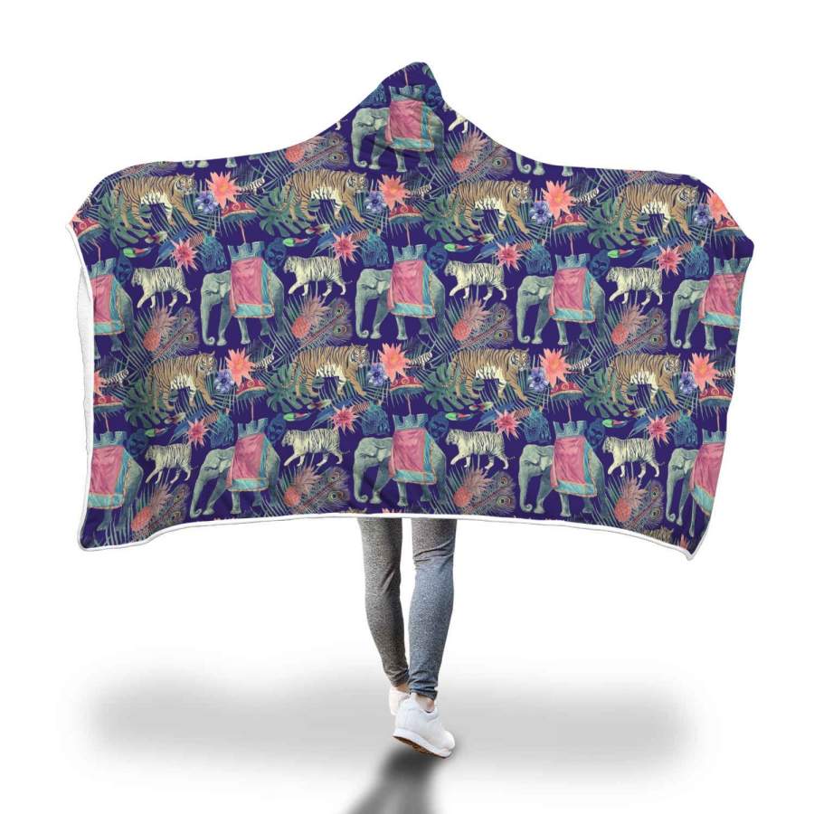 Tropical Palm Leave Peacock Tiger Elephant Hooded Blanket