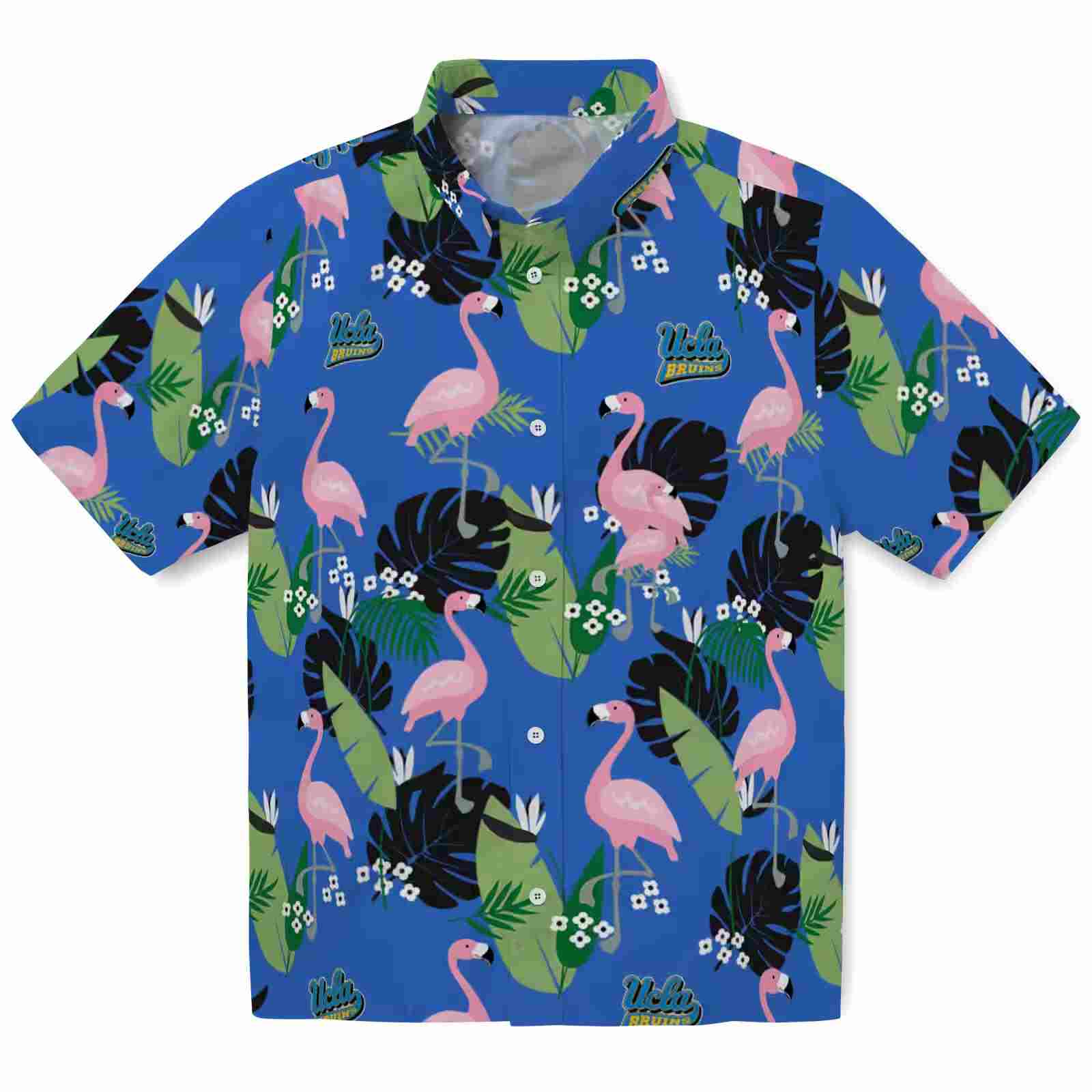 Ucla Bruins Flamingo Leaf Motif Blue Hawaiian Shirt