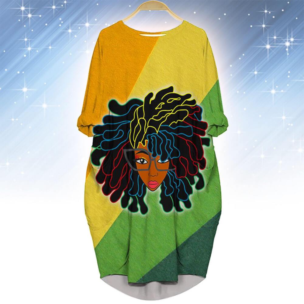 African American Dresses Pretty African American Girl Black Women Afro Locs Long Sleeve Pocket Dress African Print Clothing