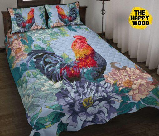 Chicken Flower Watercolor Style Quilt Bed Set And Pillow Covers