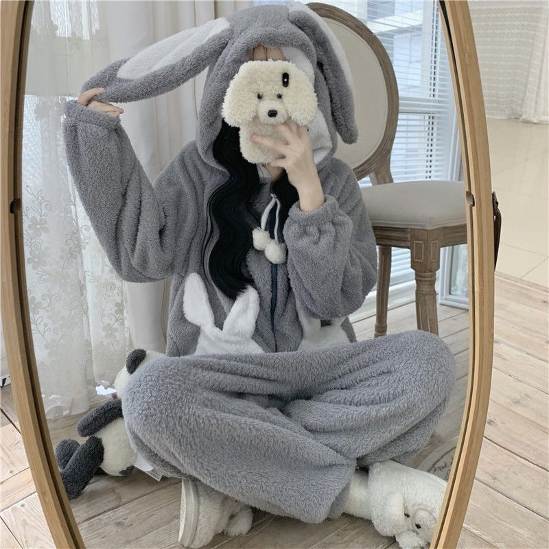 Bunny Hooded Onesies Women Kigurumi Pajamas Cute Pijama Winter Warm Sleepwear Kawaii Female Nightwear Pyjamas Jumpsuit alx