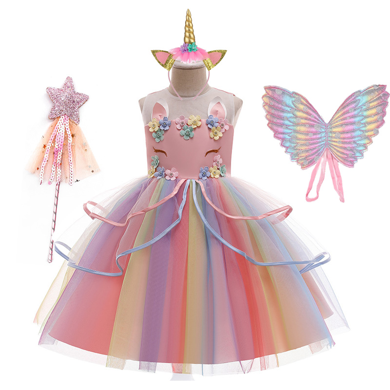 Unicorn Girls Knee Dress Kids Birthday Party Princess Lolita Costume for Halloween Christmas Children Ball Stage Disfraz Mujer alx