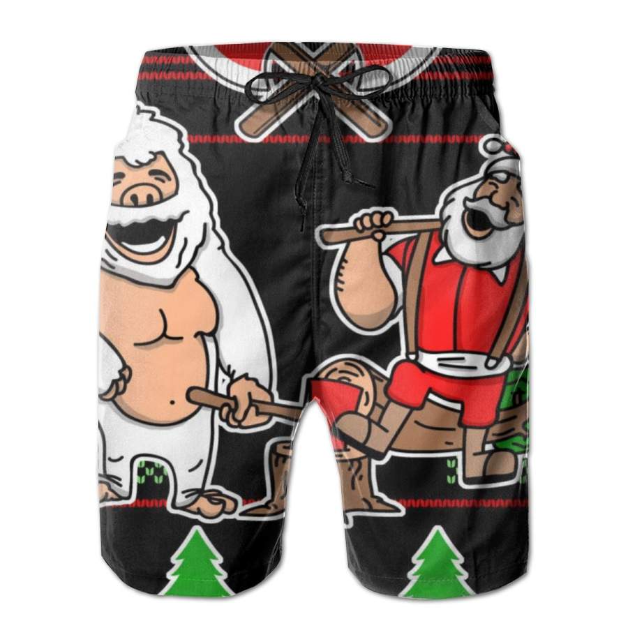 2 Pack Lumberjack Santa Ugly Christmas Sweater Poster Men Swim Trunks Drawstring Elastic Waist Quick Dry Beach Shorts with Mesh Lining Swimwear Bathing Suits