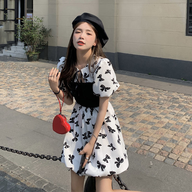 2022 Summer New French Retro Dress for Women’s Print Bow Y2k Dresses Small Fragrance Waist Waist Slim Short Sleeve Large Size alx