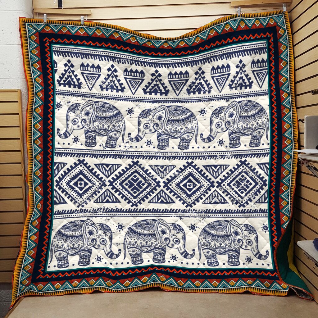 Aztec Elephant  White And Blue  Quilt Blanket