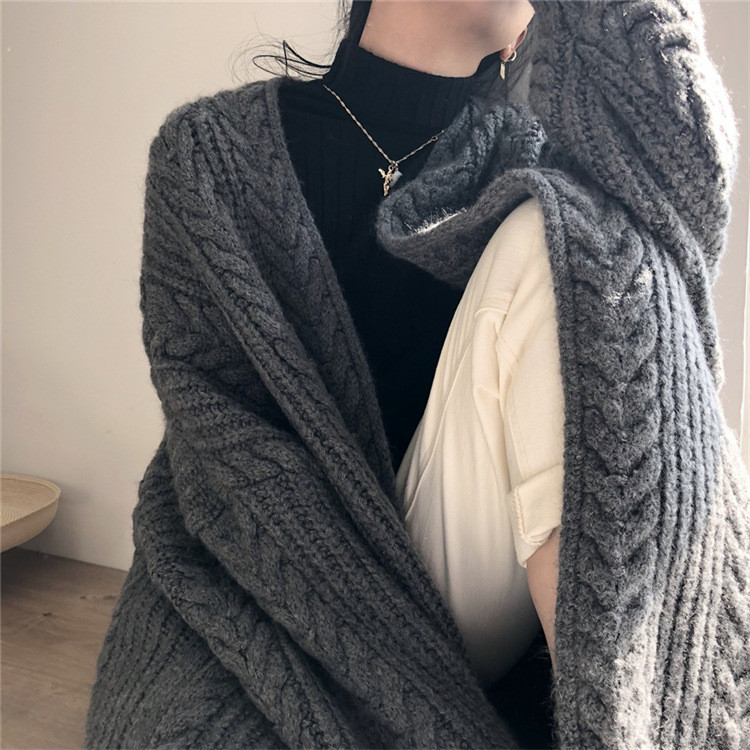 Autumn And Winter New Fashion Simple Loose Heavy Industrial Hemp Pattern Thick Warm Long Knitted Cardigan Sweater Jacket Women alx