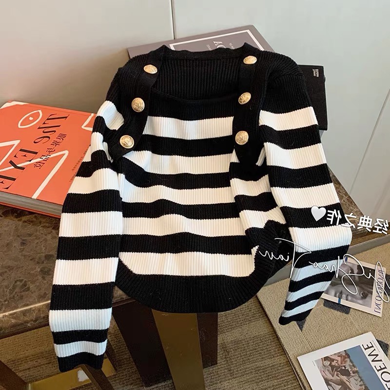 Vintage Button Women Striped Sweater Elastic Thin Long Sleeve O Neck Short Knitted Pullovers Outwear Runway Spring Autumn I472 alx