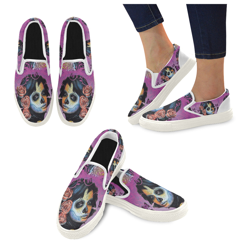 Sugar Skull Candy V1 White Women’s Slip-on Canvas Shoes