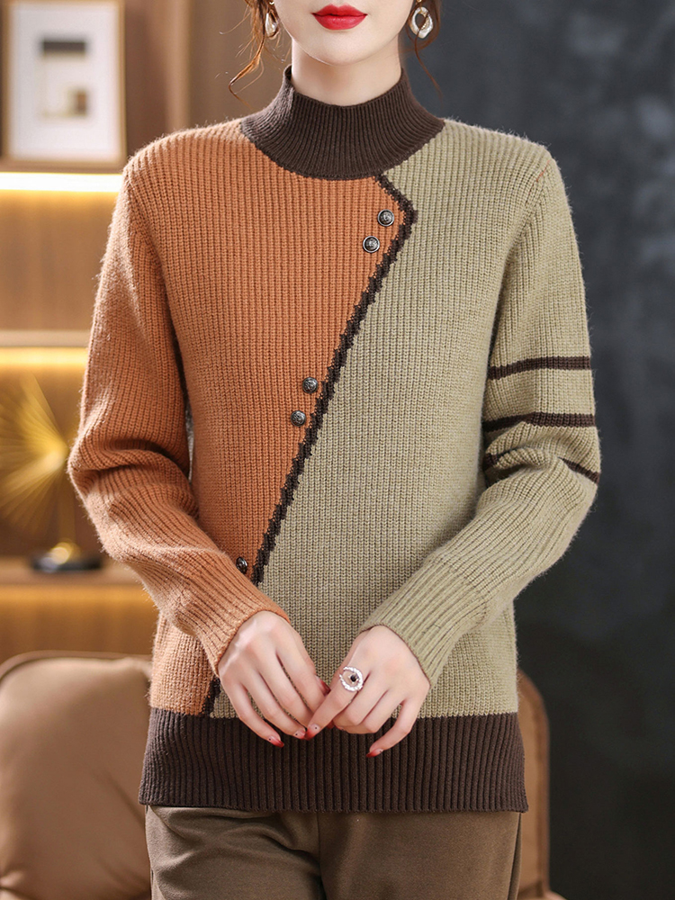 YISU Women Knitted Sweater Half turtleneck Stitching color Female Long sleeve Jumper Loose Casual Knitted pullove Women clothing alx