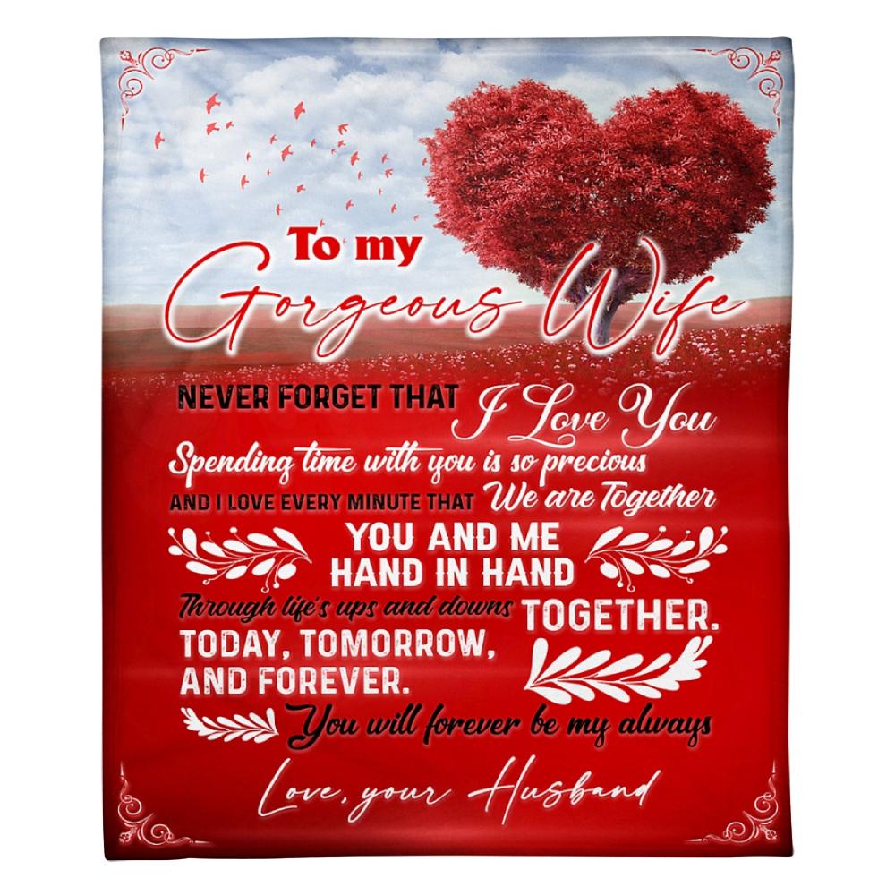 To My Gorgeous Wife You And Me Hand In Hand Red Background Tree Fleece Blanket Family Gift Home Decor Bedding Couch Sofa Soft And Comfy Cozy