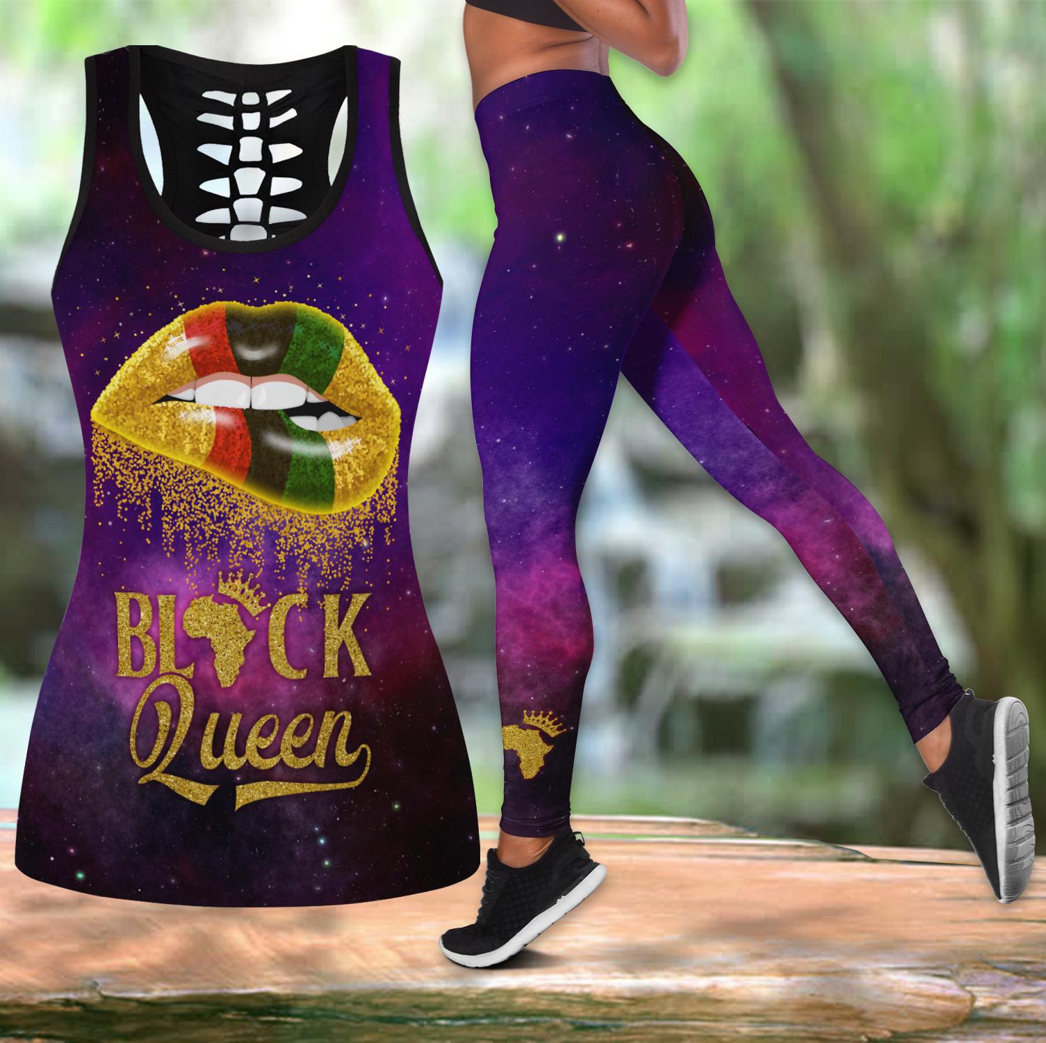 Gift For Mother Black Queen African Lip Purple Hollow Tank Top – Legging 3D