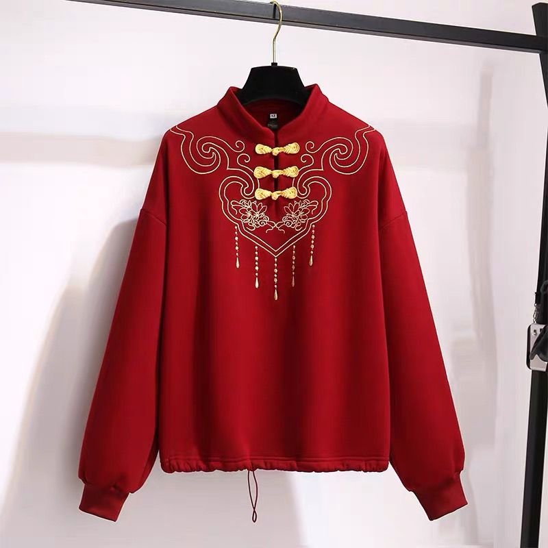 Chinese Style Plus Size Red Long-sleeved Pullovers Sweatshirt Women’s Autumn And Winter New Han Element Fleece Sweatshirt Top alx