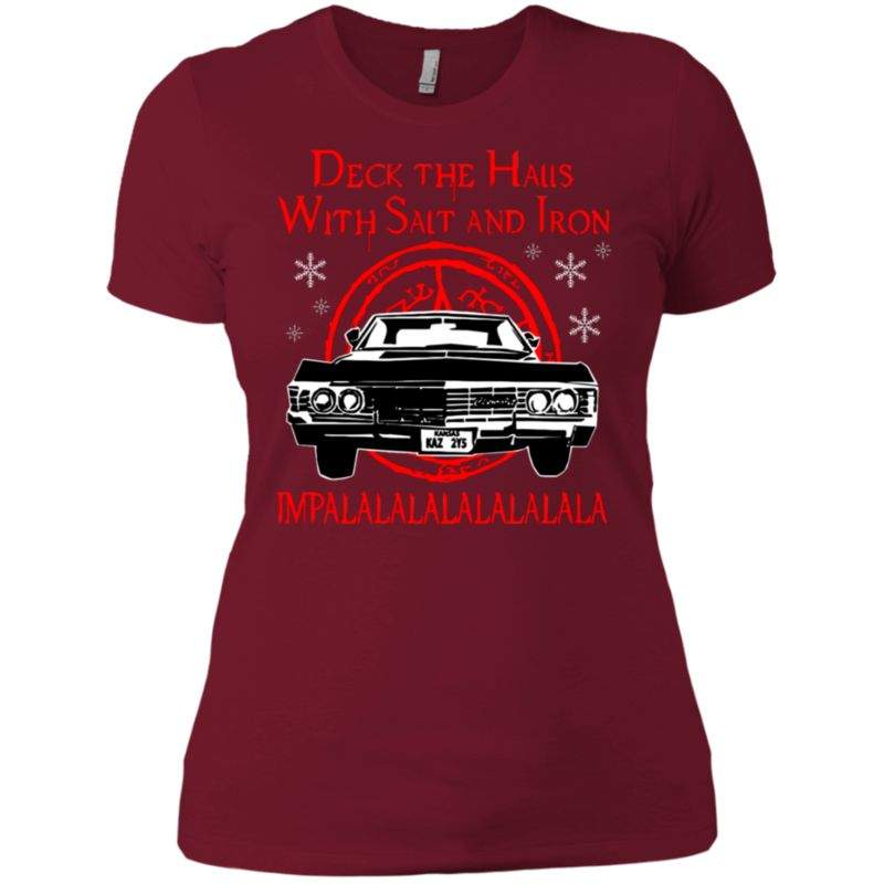 Check Out This Awesome Deck The Halls With Salt And Iron Impala Lalalalalalala Supernatural Ugly Christmas Sweater Women’s T-shirt