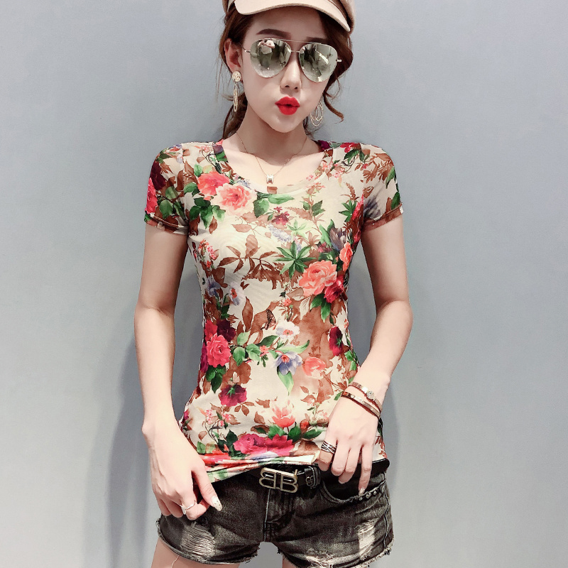 #7615 Summer Short Sleeve Mesh T Shirt Women Floral Printed Mesh T Shirt Female Thin Casual Vintage Skinny Woman T-shirts Sexy alx