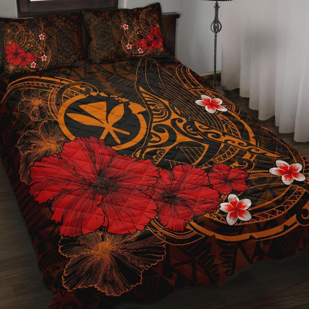 Polynesian Hawaii  Kanaka Maoli Quilt Bed Set – Humpback Whale with Hibiscus (Golden) – BN15