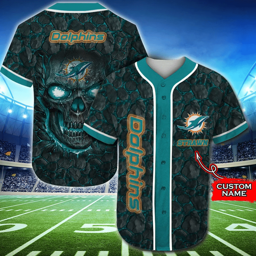 Miami Dolphins Baseball Jersey Skull Rock Personalized Name