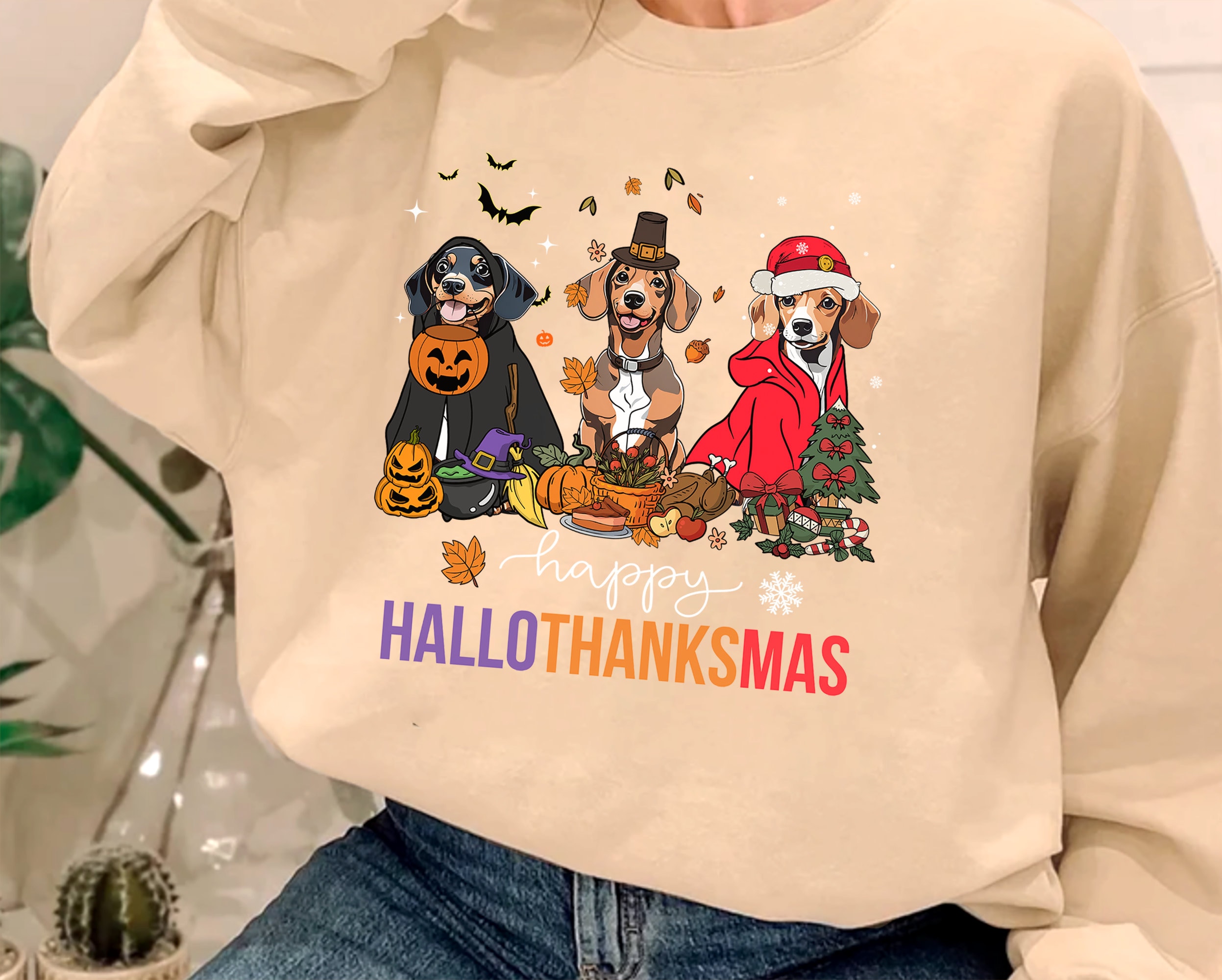 Dachshund Hallothanksmas Sweatshirt, Dachshund Halloween Shirt, Dachshund Thanksgiving Shirt, Dachshund Christmas Shirt, Dog Lover, Dog Mom