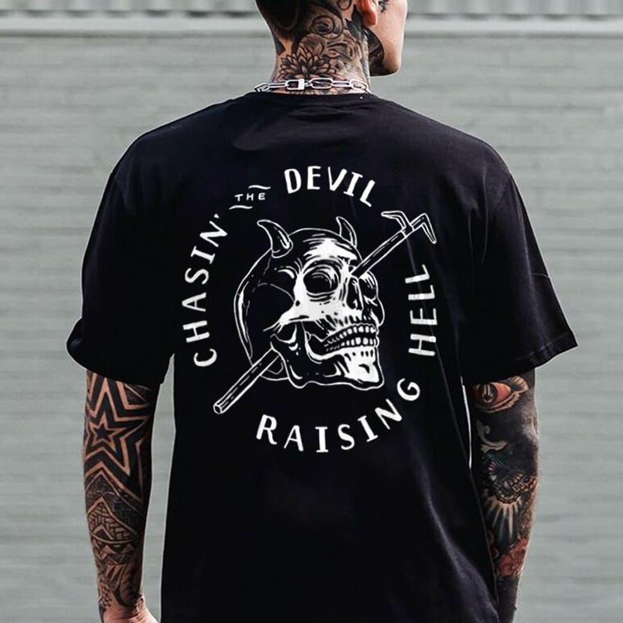 Raising Hell Chasing The Devil Skull T-shirt – Skull Art Prints