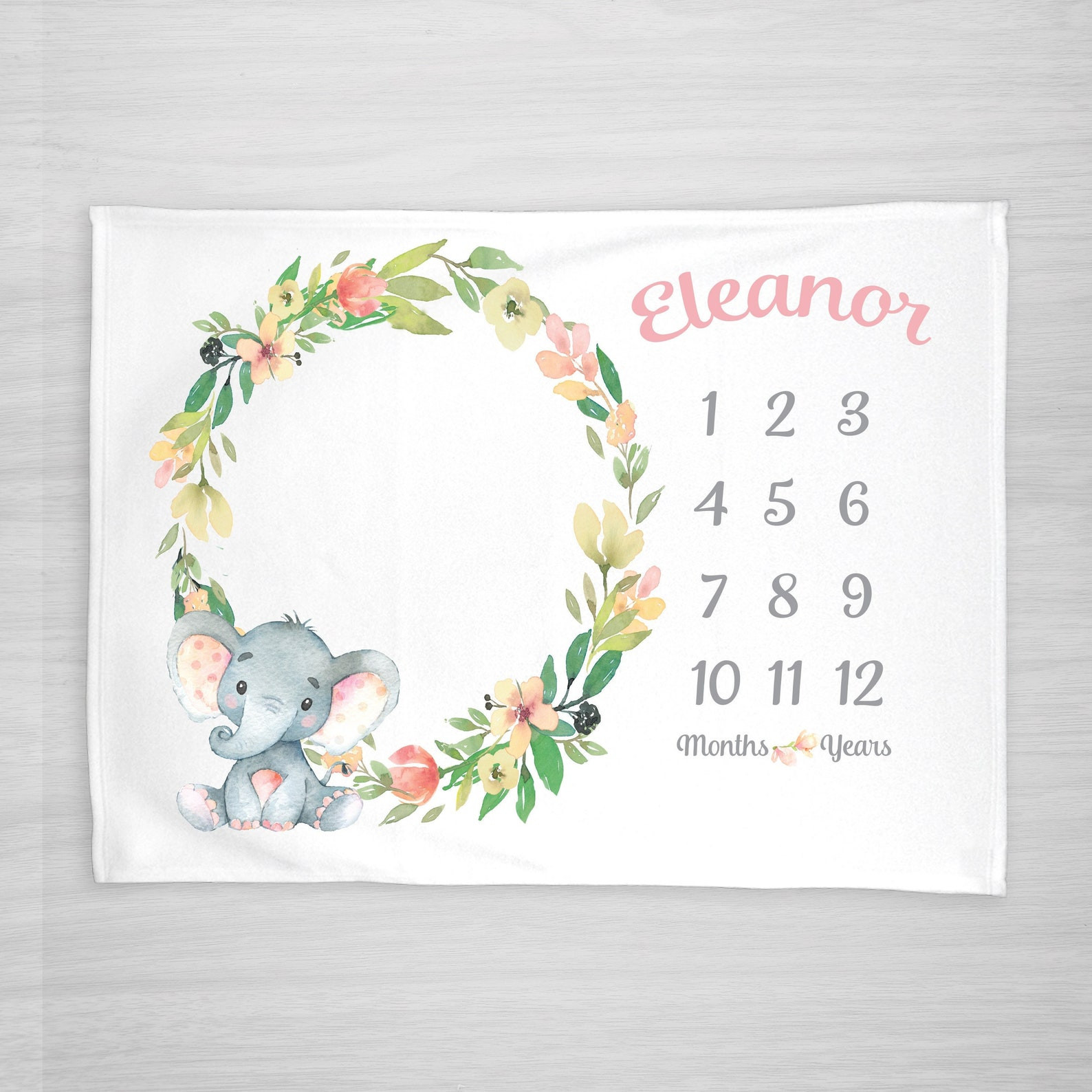 Personalized Elephant And Floral Wreath Monthly Milestone Blanket, Newborn Blanket, Baby Shower Gift Grow Chart Monthly