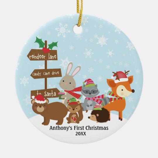 Winter Woodland Animals Baby’S First Christmas Circle Ornament