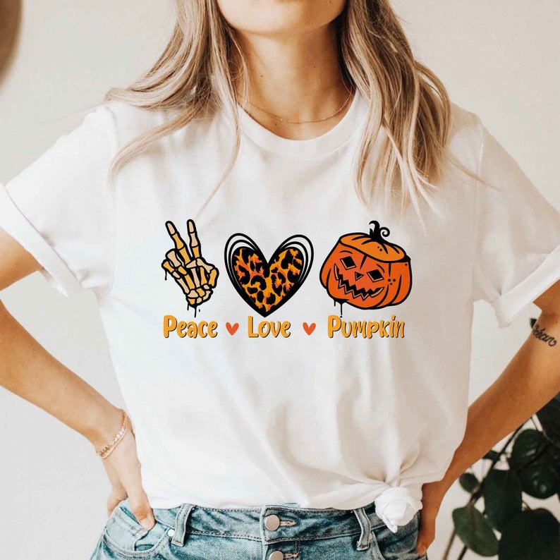 Classic T-Shirt For Women Peace Love Pumpkin Skeleton Hand Sign Leopard Heart Cute Pumpkin Printed Fall Shirt