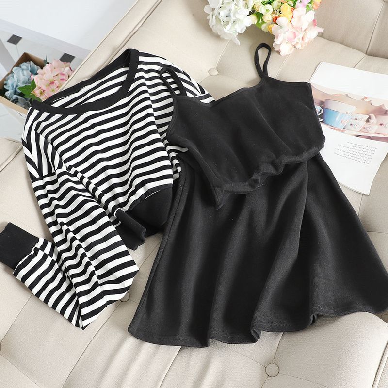 Suit women’s striped sweatshirt + suspender skirt two-piece suit 2022 spring new Korean fashion preppy slim casual sets trend alx