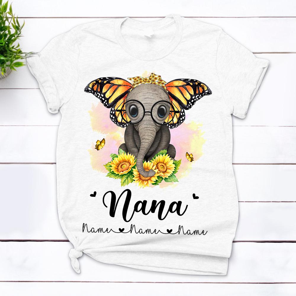 Personalized Nana Cute Elephants With Butterfly Ears T Shirt Funny Nana With Grandkids Names Shirt Gift For Nana