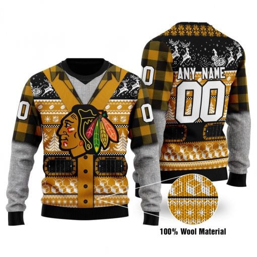 Chicago Blackhawks Custom Name Number Gift For Fan Ugly Wool Sweater Christmas