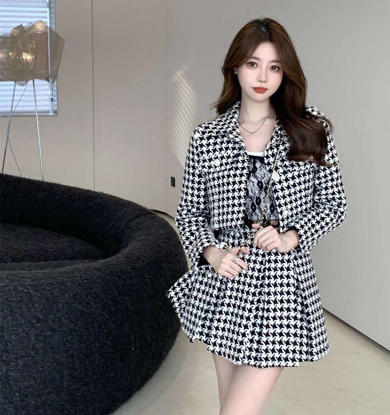 Temperament Matching Sets Retro O Tweed Plaid Jacket Short Long Sleeve Cardigan Slim Top Mini Houndstooth Pleated Skirt Chic alx