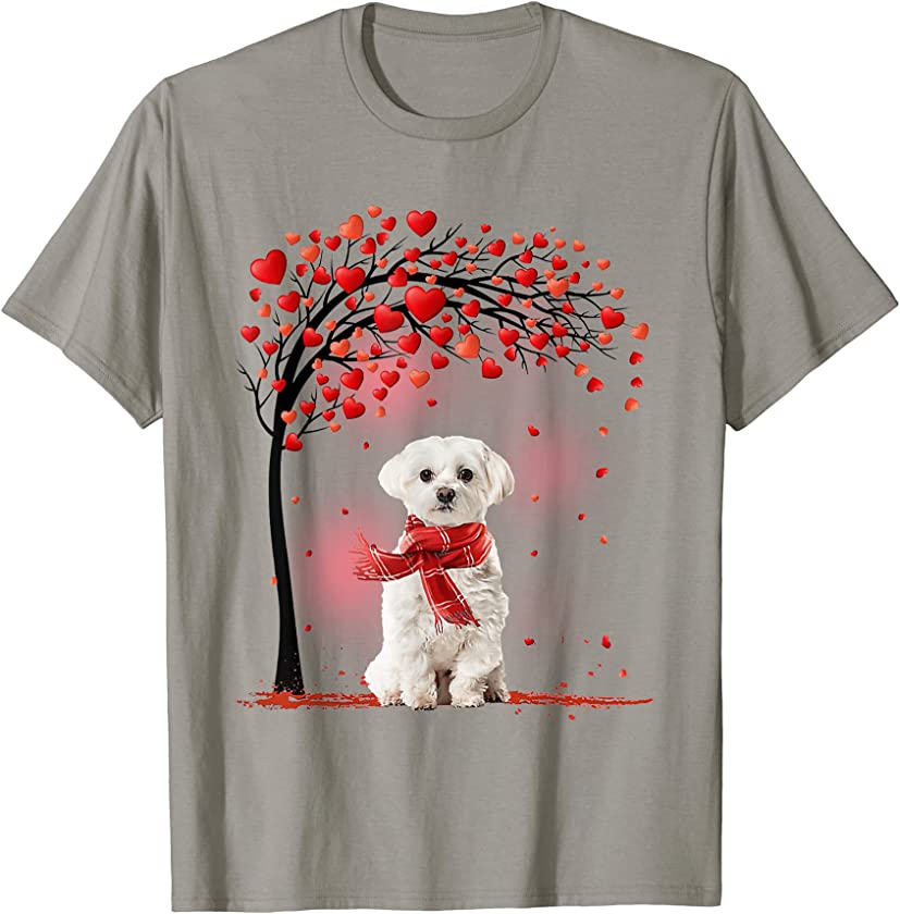 Valentines Day Maltese Dog Tree Heart Puppy Dog Lover T-Shirt